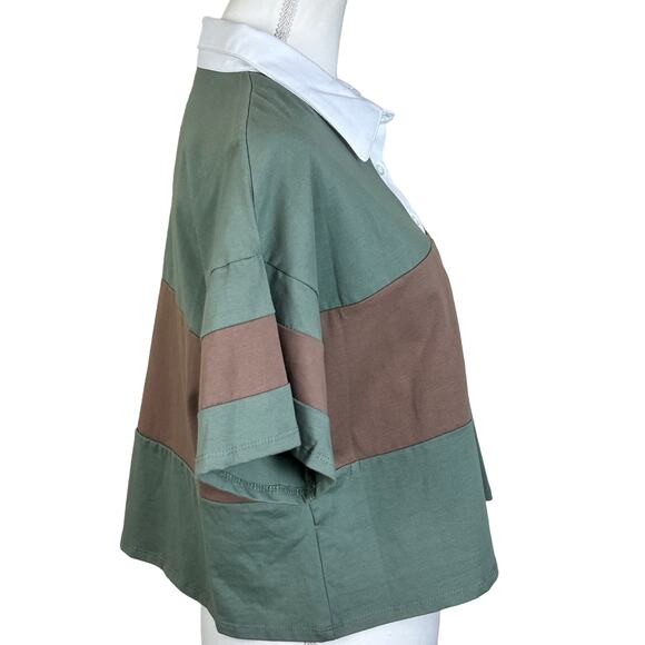 MM MM MM Top Women XL Cropped Green Sage Mocha ColorBlock Collared Tee Dillards - Picture 2 of 10